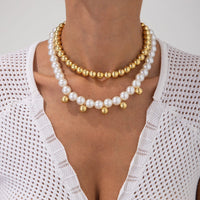 Thumbnail for Stylish 2pcs Gold Silver Plated Pearl Chain Necklace Set - ArtGalleryZen