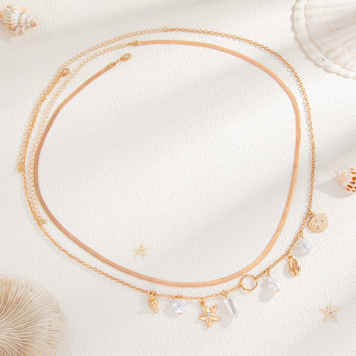 Stylish 2pcs Pearl Shell Starfish Tassel Waist Chain Set - ArtGalleryZen