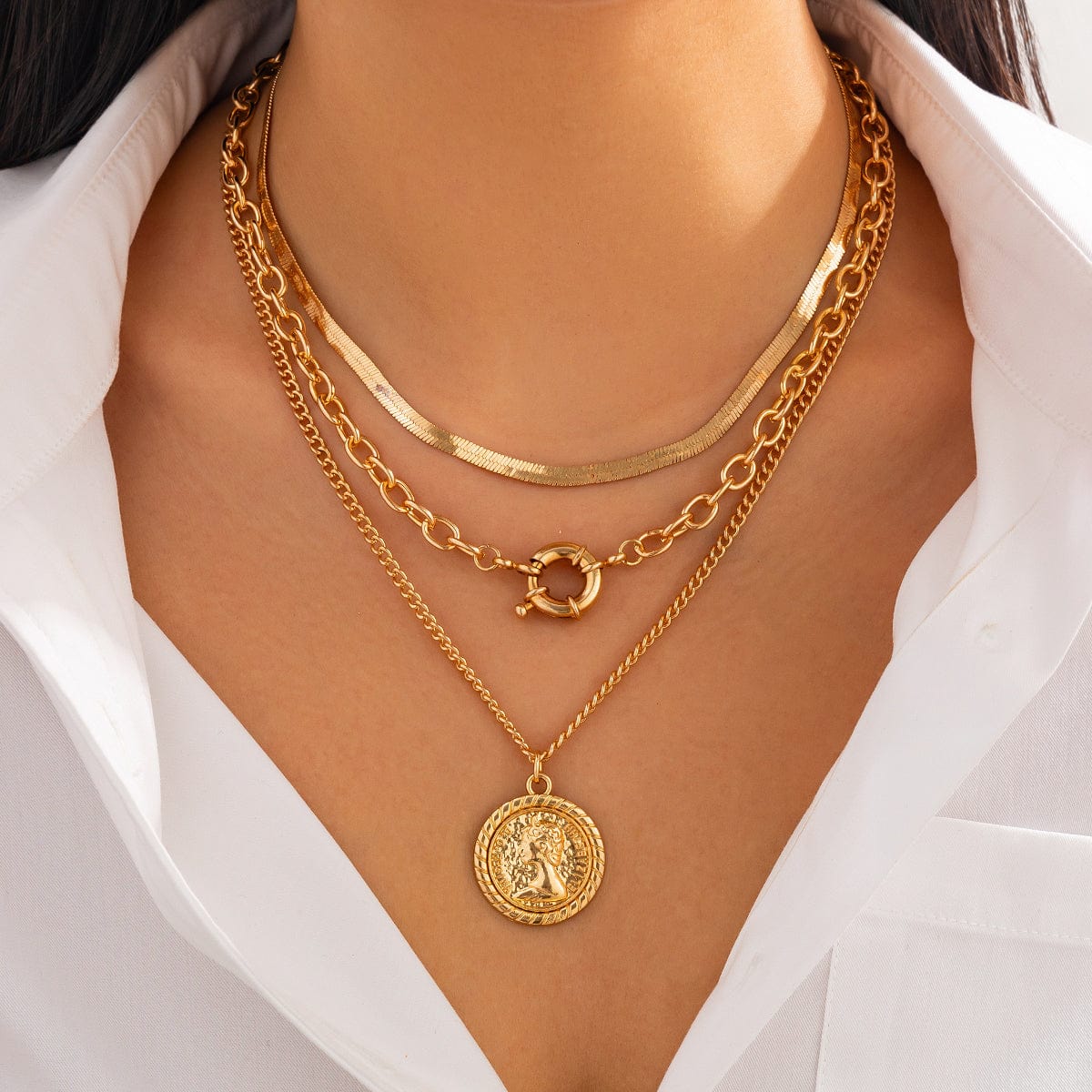 Stylish 3pcs Gold Silver Tone Pattern Round Disk Pendant Snake Chain Necklace Set