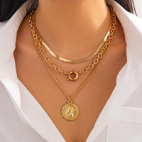 Thumbnail for Stylish 3pcs Gold Silver Tone Pattern Round Disk Pendant Snake Chain Necklace Set