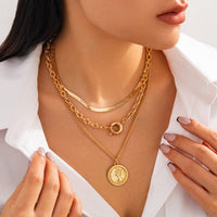 Thumbnail for Stylish 3pcs Gold Silver Tone Pattern Round Disk Pendant Snake Chain Necklace Set