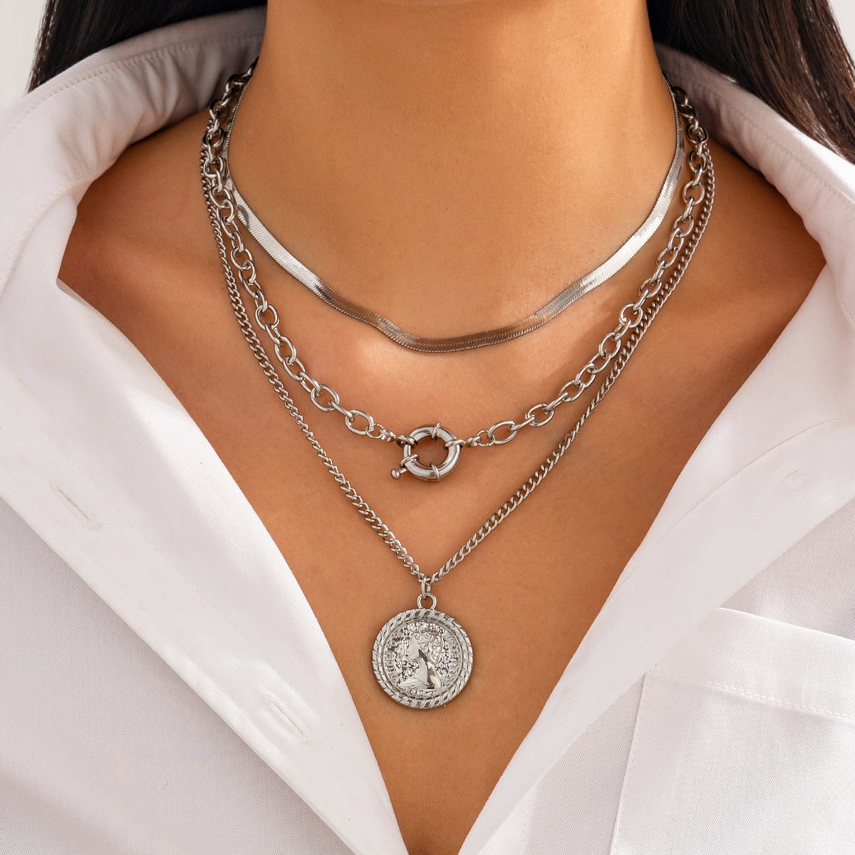 Stylish 3pcs Gold Silver Tone Pattern Round Disk Pendant Snake Chain Necklace Set