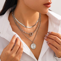 Thumbnail for Stylish 3pcs Gold Silver Tone Pattern Round Disk Pendant Snake Chain Necklace Set