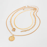 Thumbnail for Stylish 3pcs Gold Silver Tone Pattern Round Disk Pendant Snake Chain Necklace Set