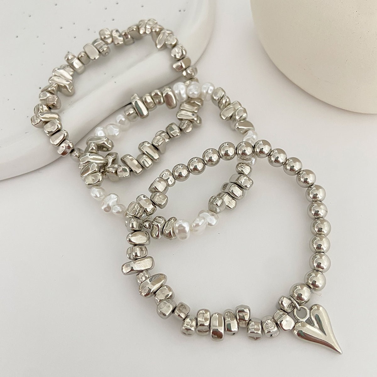 Stylish 3pcs Heart Charm Pearl Irregular Beaded Chain Bracelet Set - ArtGalleryZen