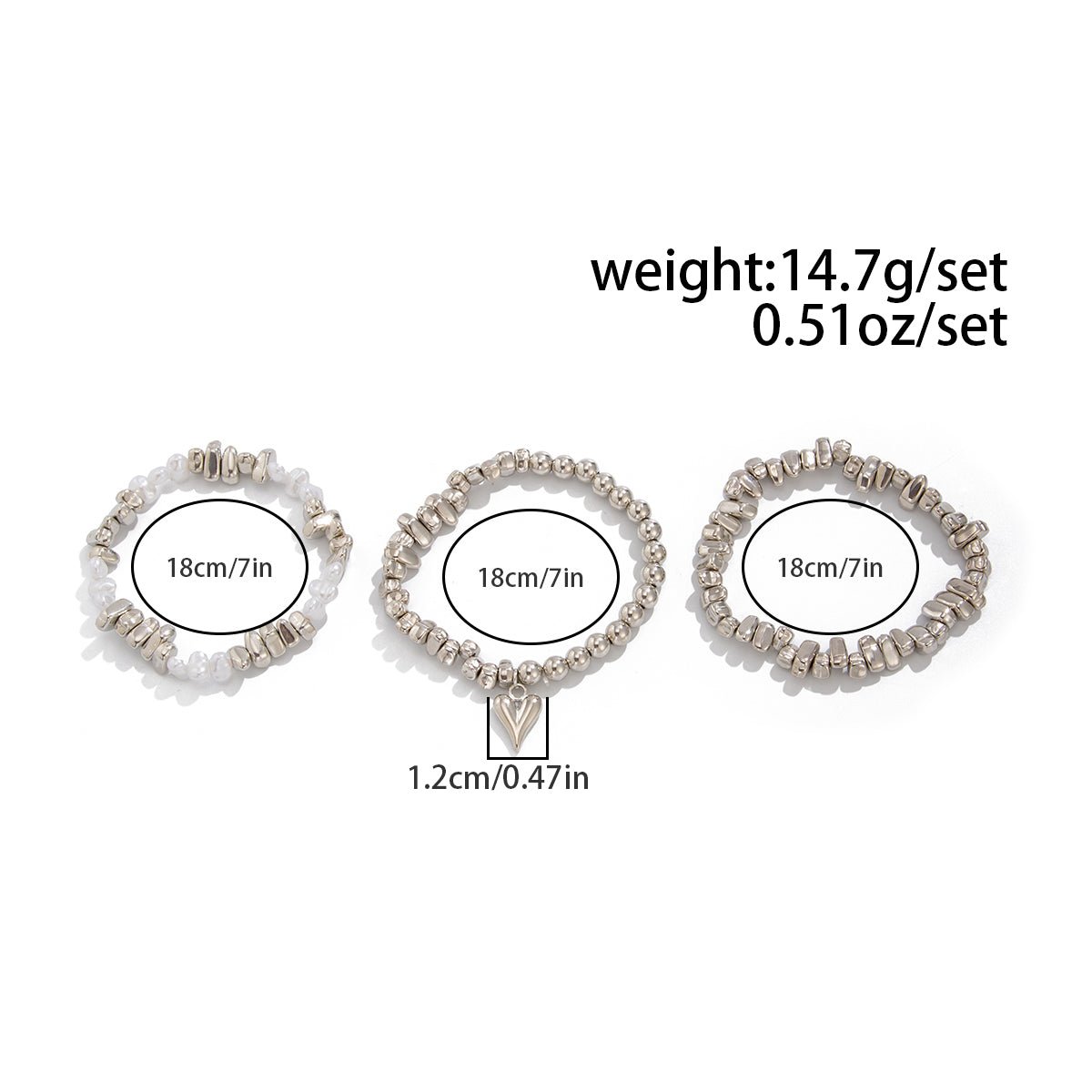Stylish 3pcs Heart Charm Pearl Irregular Beaded Chain Bracelet Set - ArtGalleryZen