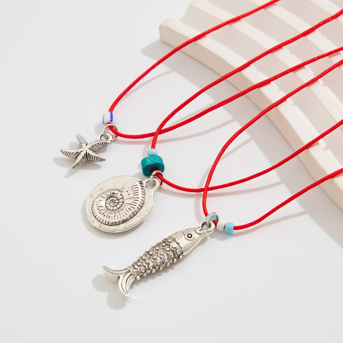 Stylish 3Pcs Shell Fish Starfish Pendant Jade Cord Necklace Set - ArtGalleryZen