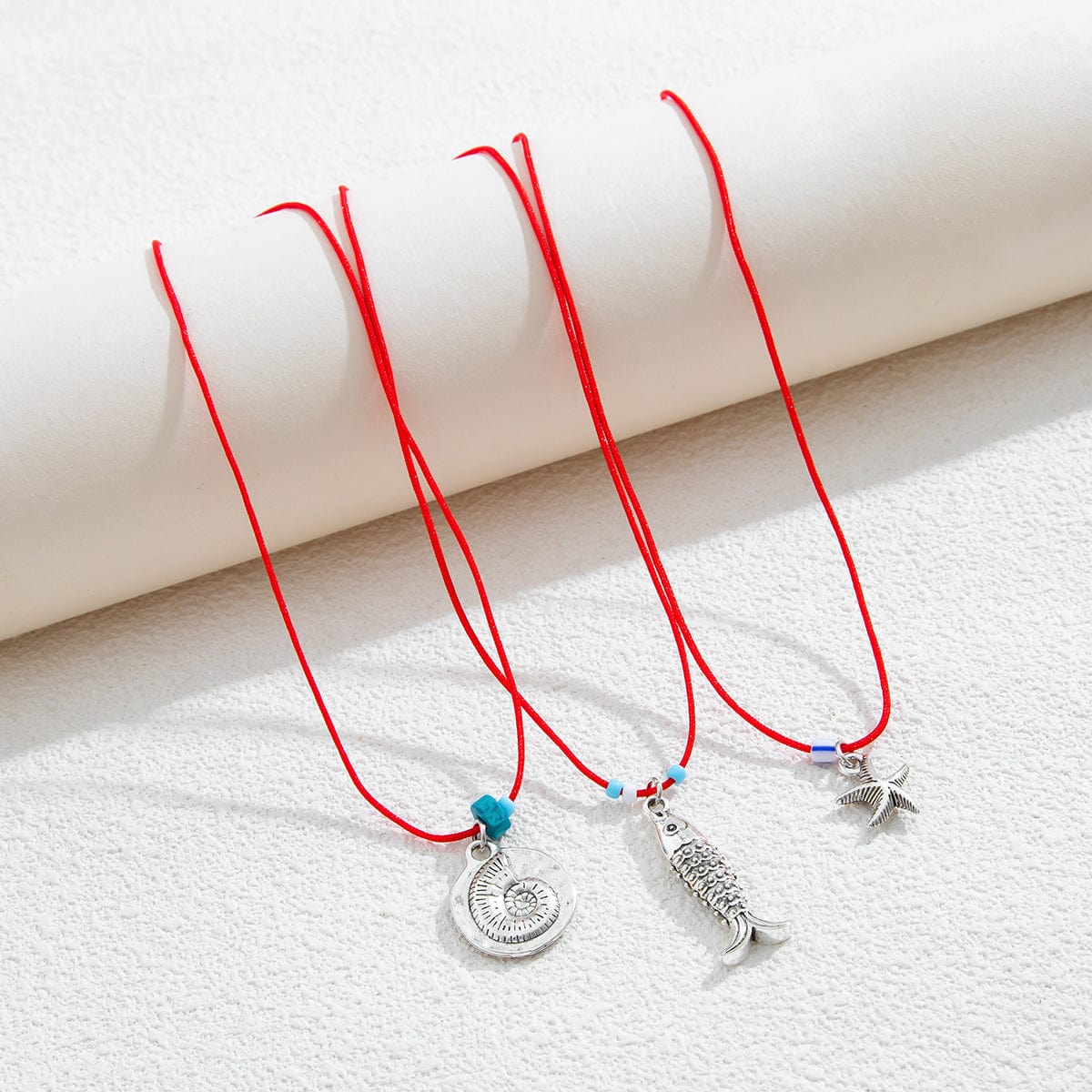 Stylish 3Pcs Shell Fish Starfish Pendant Jade Cord Necklace Set - ArtGalleryZen