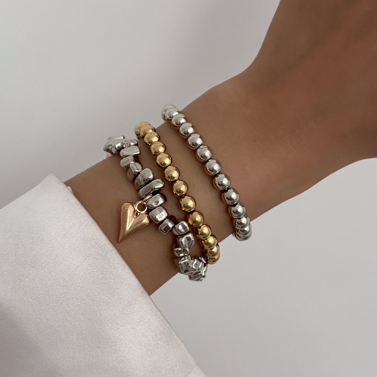 Stylish 3pcs Two Tone Heart Charm Ball Chain Bracelet Set - ArtGalleryZen