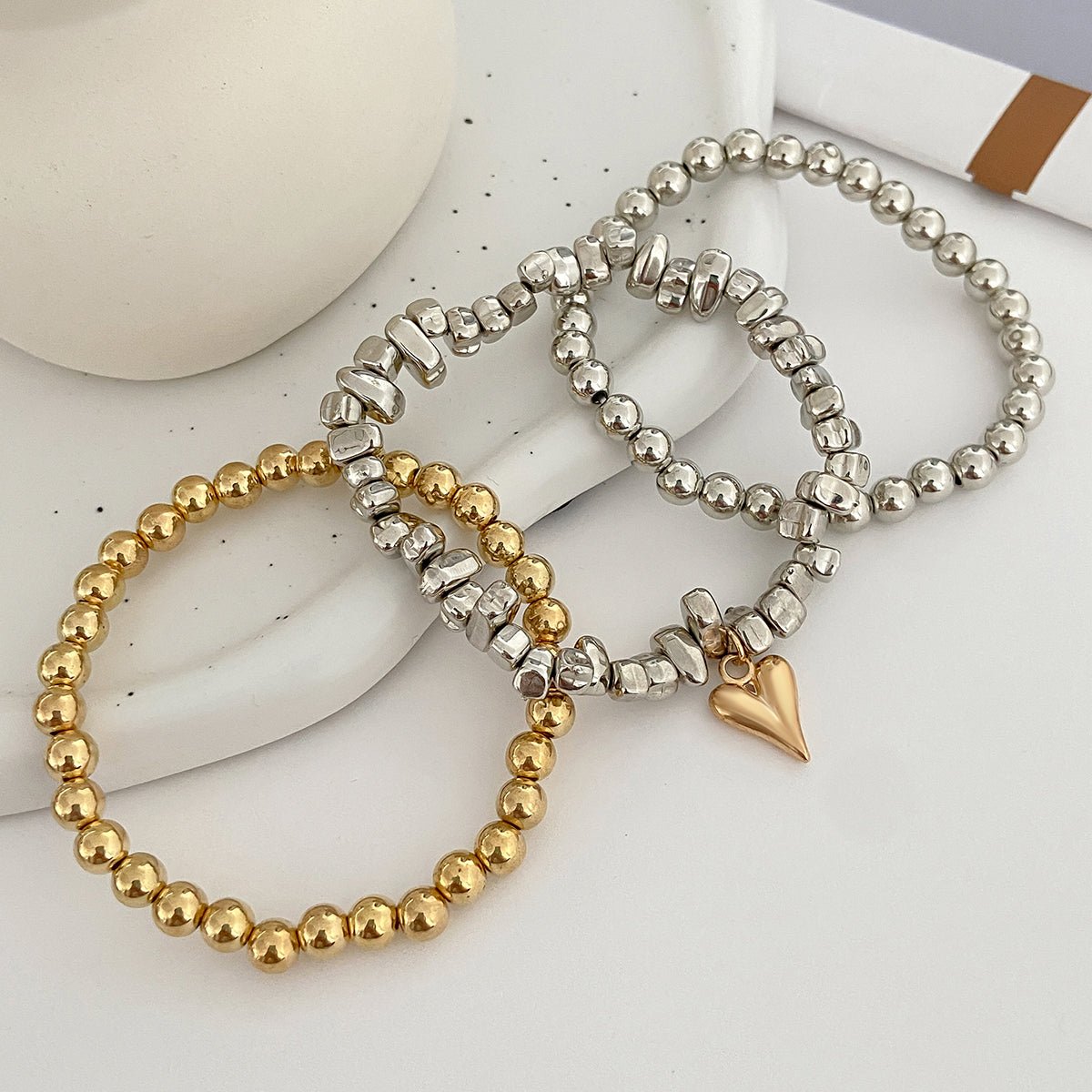 Stylish 3pcs Two Tone Heart Charm Ball Chain Bracelet Set - ArtGalleryZen