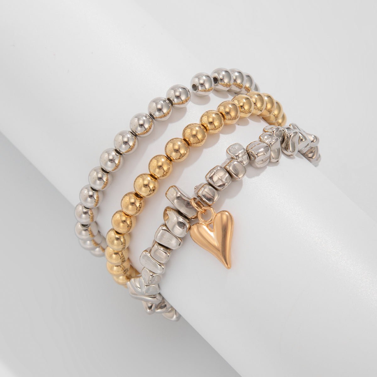 Stylish 3pcs Two Tone Heart Charm Ball Chain Bracelet Set - ArtGalleryZen