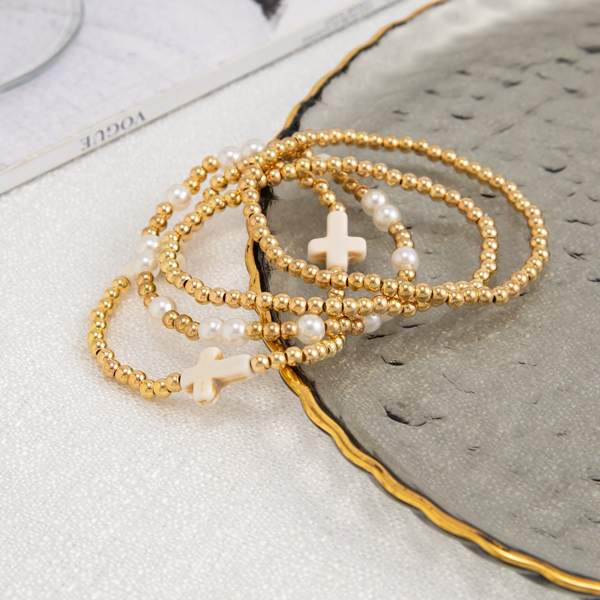 Stylish 4pcs Cross Charm Pearl Beaded Chain Bracelet Set - ArtGalleryZen