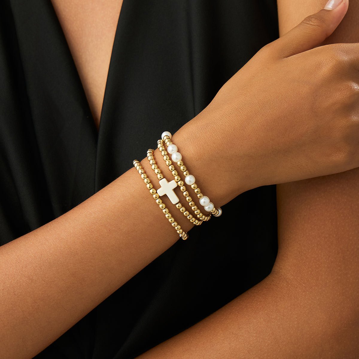 Stylish 4pcs Cross Charm Pearl Beaded Chain Bracelet Set - ArtGalleryZen