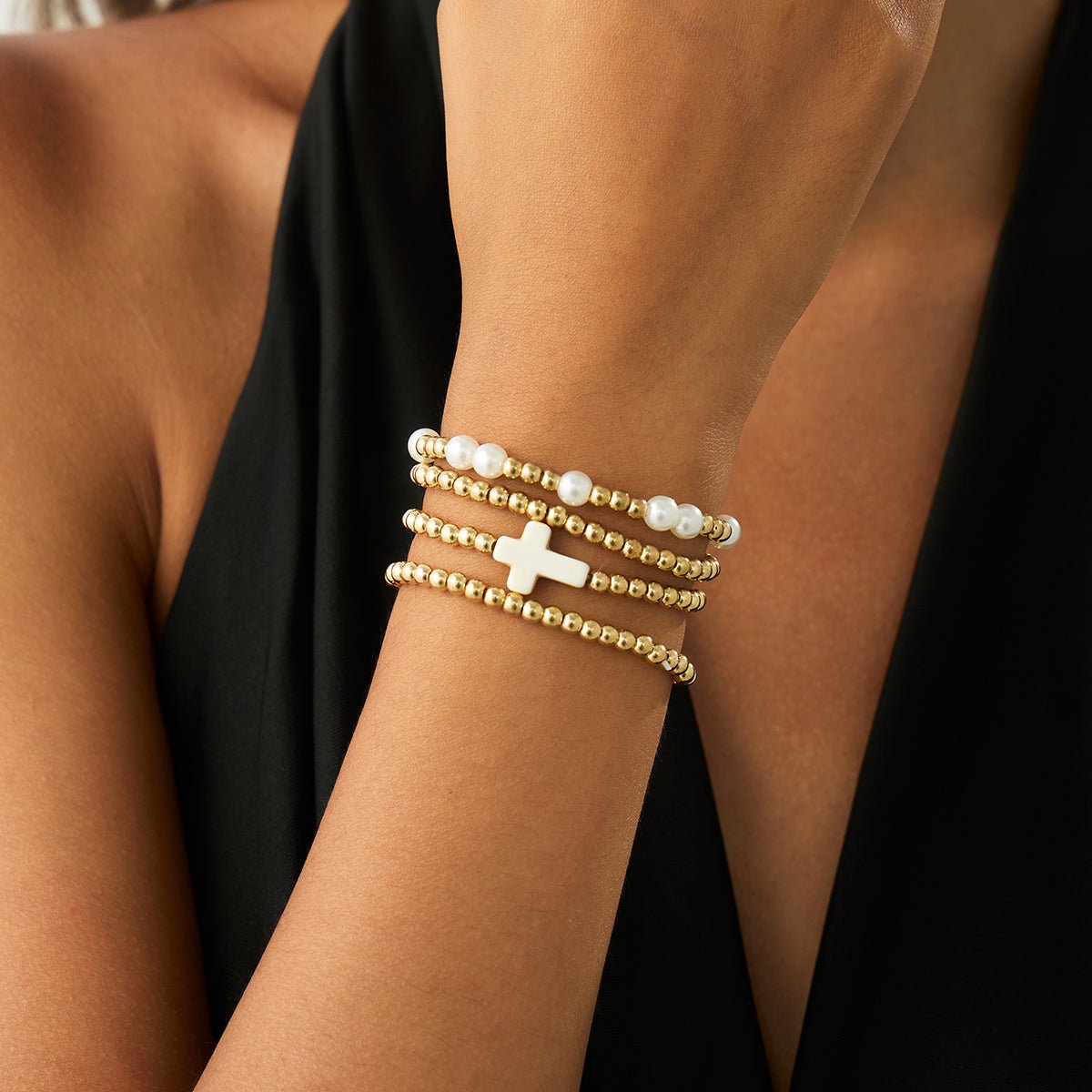 Stylish 4pcs Cross Charm Pearl Beaded Chain Bracelet Set - ArtGalleryZen