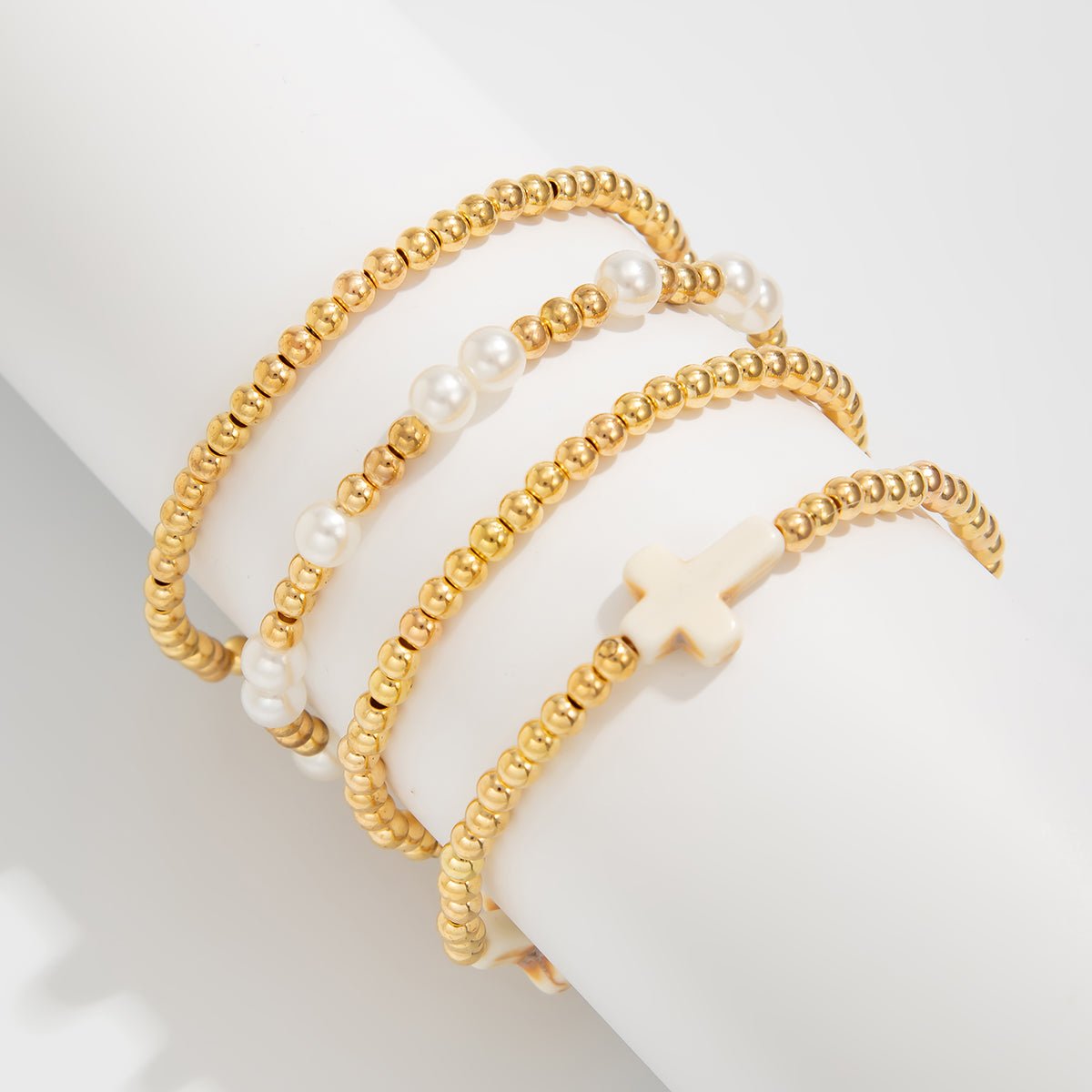 Stylish 4pcs Cross Charm Pearl Beaded Chain Bracelet Set - ArtGalleryZen