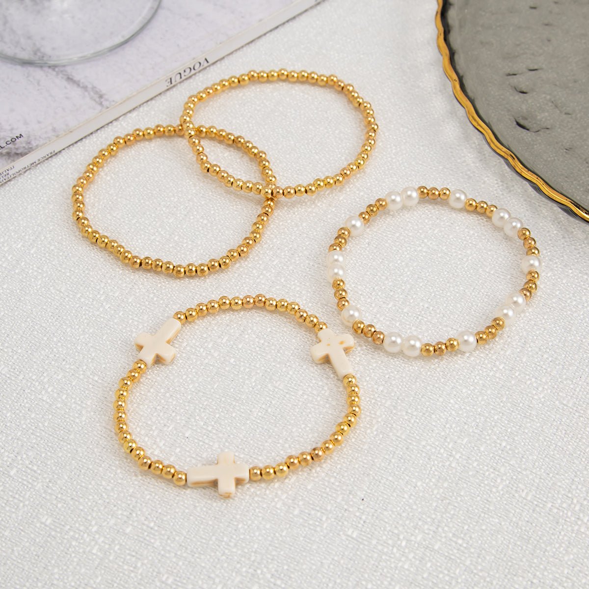 Stylish 4pcs Cross Charm Pearl Beaded Chain Bracelet Set - ArtGalleryZen