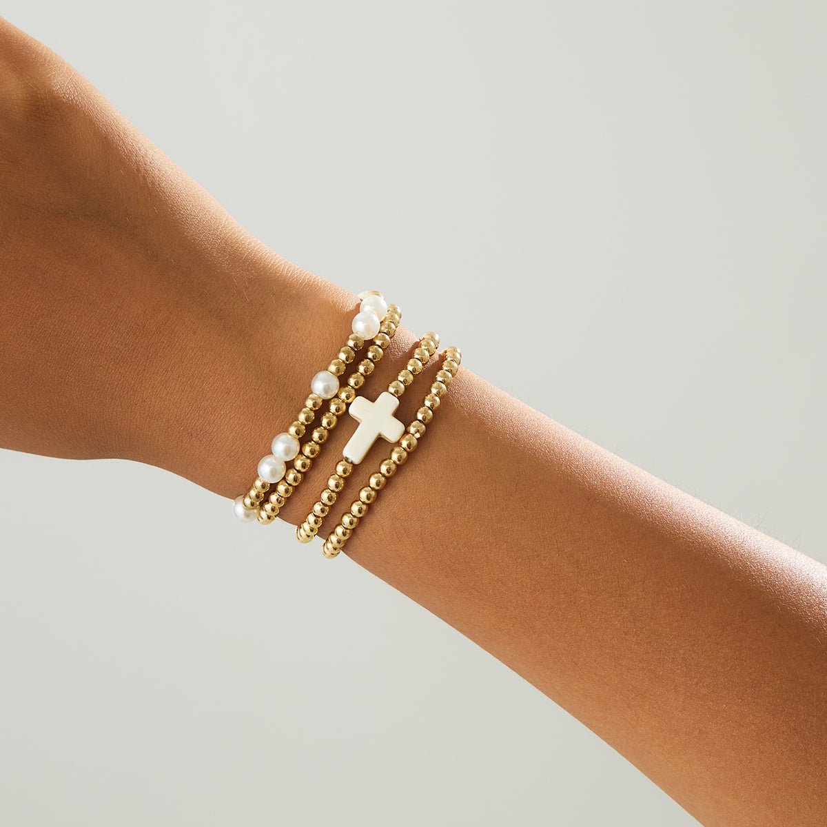 Stylish 4pcs Cross Charm Pearl Beaded Chain Bracelet Set - ArtGalleryZen