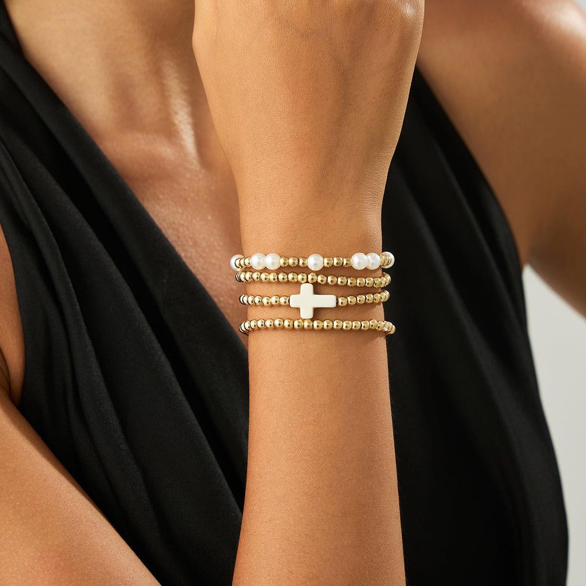 Stylish 4pcs Cross Charm Pearl Beaded Chain Bracelet Set - ArtGalleryZen