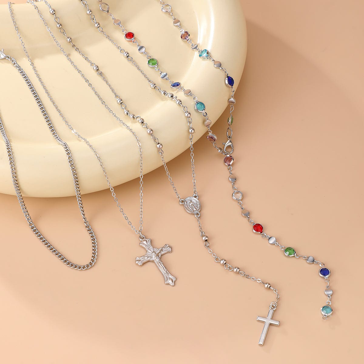 Stylish 4pcs Cross Pendant Colorful Crystal Chain Y Necklace Set - ArtGalleryZen