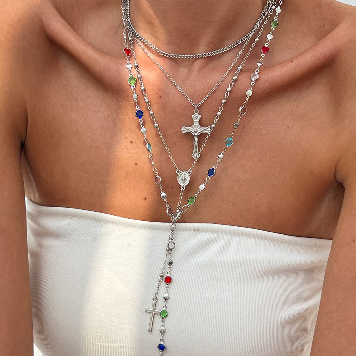 Stylish 4pcs Cross Pendant Colorful Crystal Chain Y Necklace Set - ArtGalleryZen
