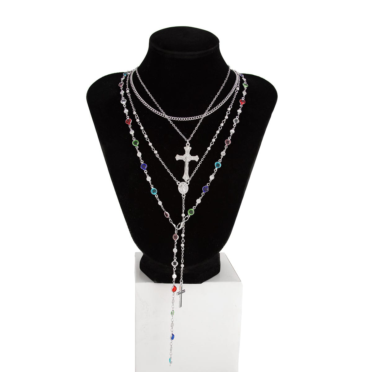 Stylish 4pcs Cross Pendant Colorful Crystal Chain Y Necklace Set - ArtGalleryZen
