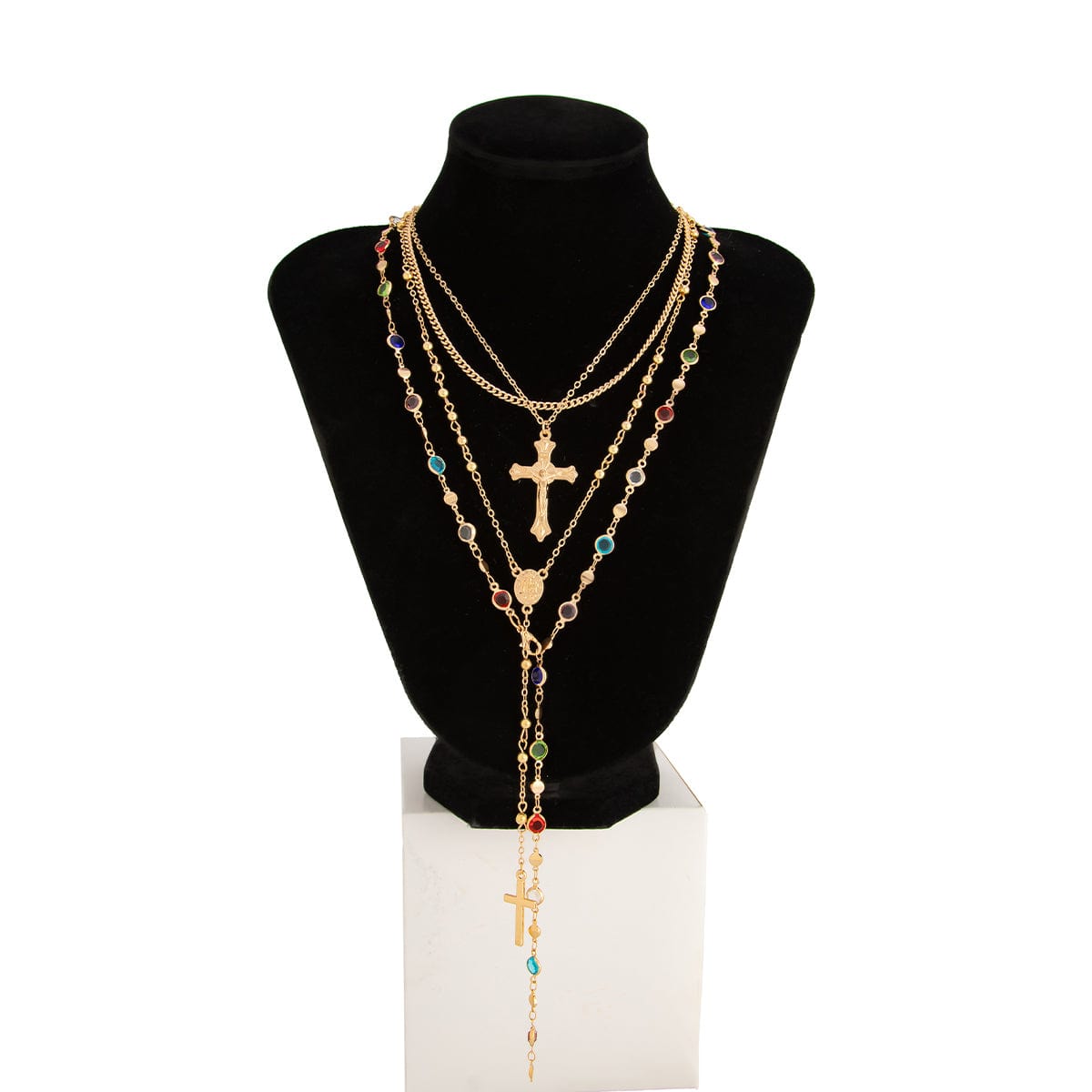 Stylish 4pcs Cross Pendant Colorful Crystal Chain Y Necklace Set - ArtGalleryZen