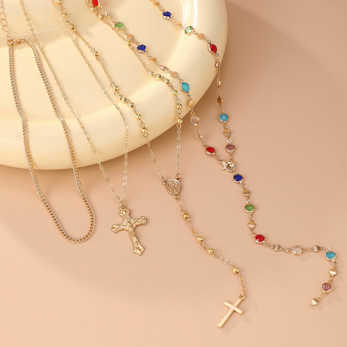 Stylish 4pcs Cross Pendant Colorful Crystal Chain Y Necklace Set - ArtGalleryZen