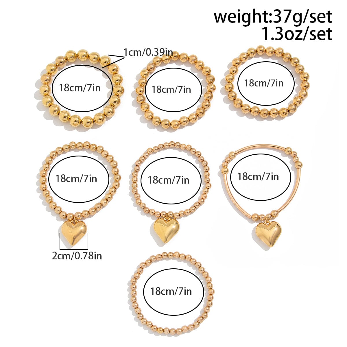 Stylish 7pcs Gold Silver Tone Heart Pendant Ball Chain Bracelet Set