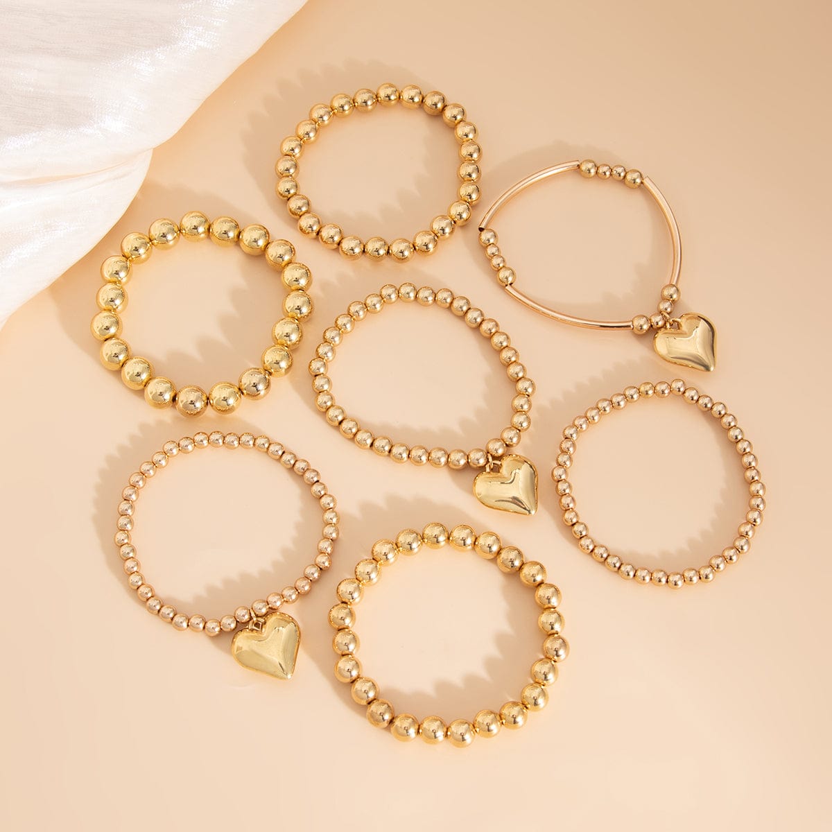 Stylish 7pcs Gold Silver Tone Heart Pendant Ball Chain Bracelet Set