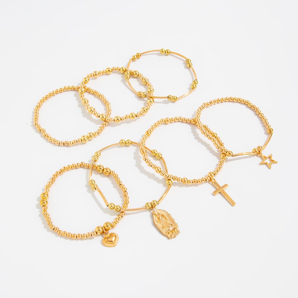 Stylish 7pcs Heart Star Cross Charm Ball Chain Bracelet Set - ArtGalleryZen