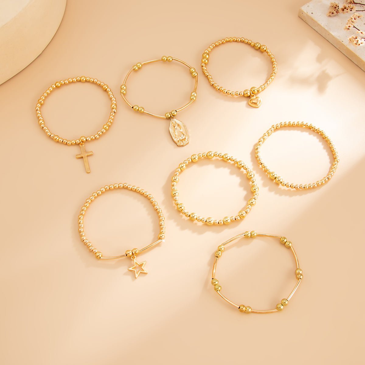 Stylish 7pcs Heart Star Cross Charm Ball Chain Bracelet Set - ArtGalleryZen