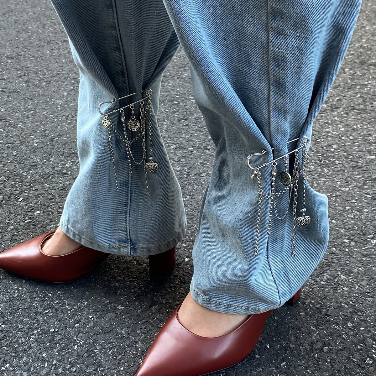 Stylish Carved Round Disk Heart Tassel Trouser Pin - ArtGalleryZen