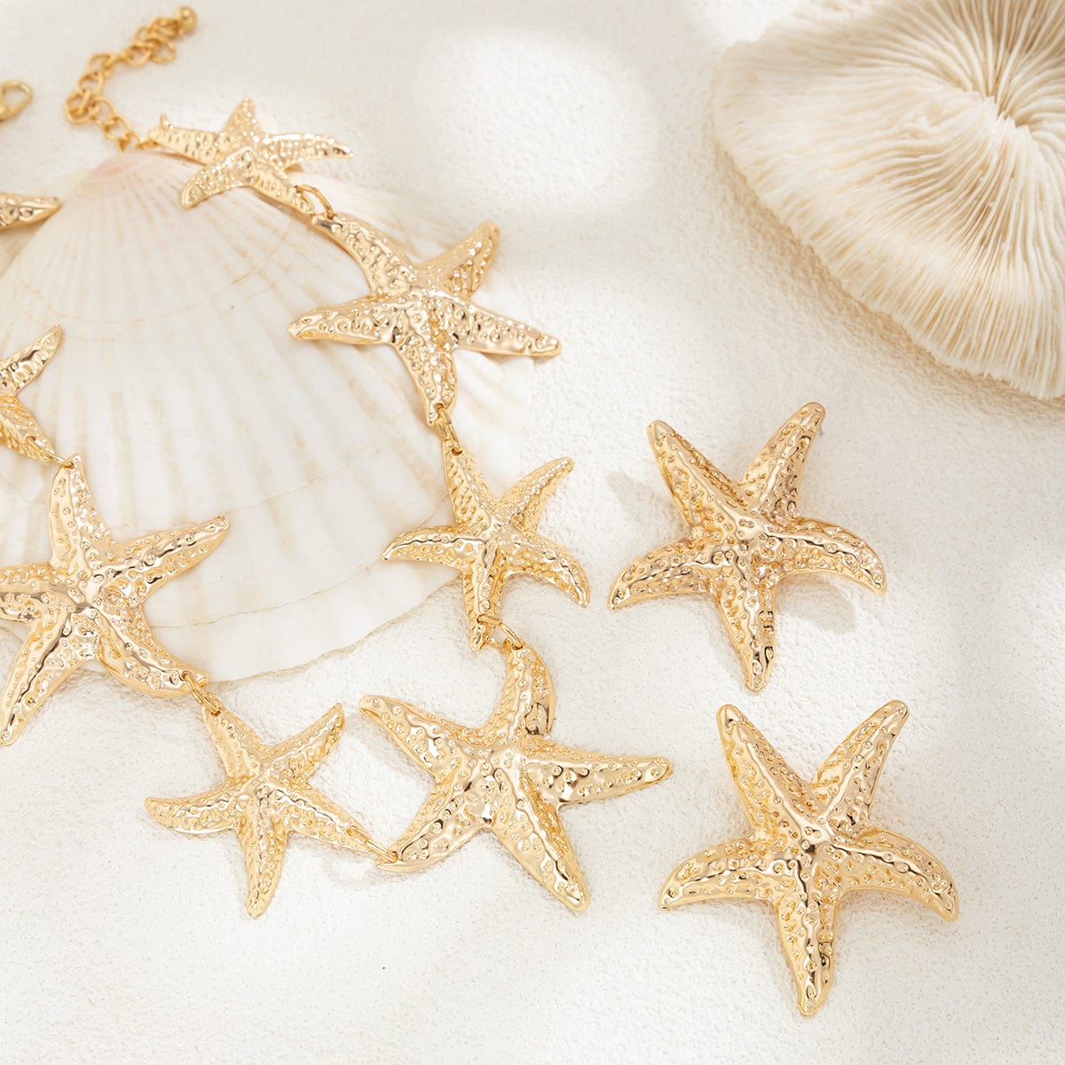 Stylish Chunky Gold Silver Tone Starfish Necklace Earrings Set - ArtGalleryZen