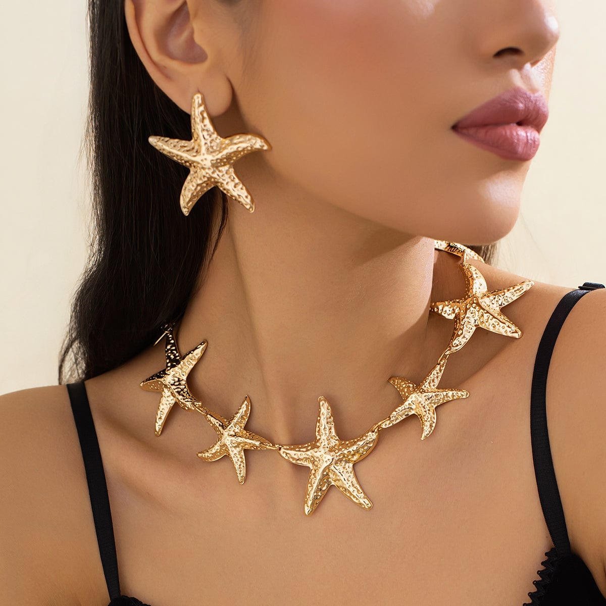 Stylish Chunky Gold Silver Tone Starfish Necklace Earrings Set - ArtGalleryZen