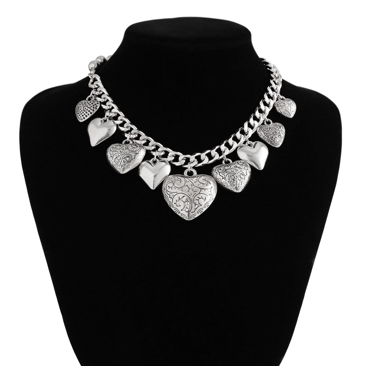 Stylish Chunky Textured Heart Tassel Ball Curb Chain Necklace - ArtGalleryZen