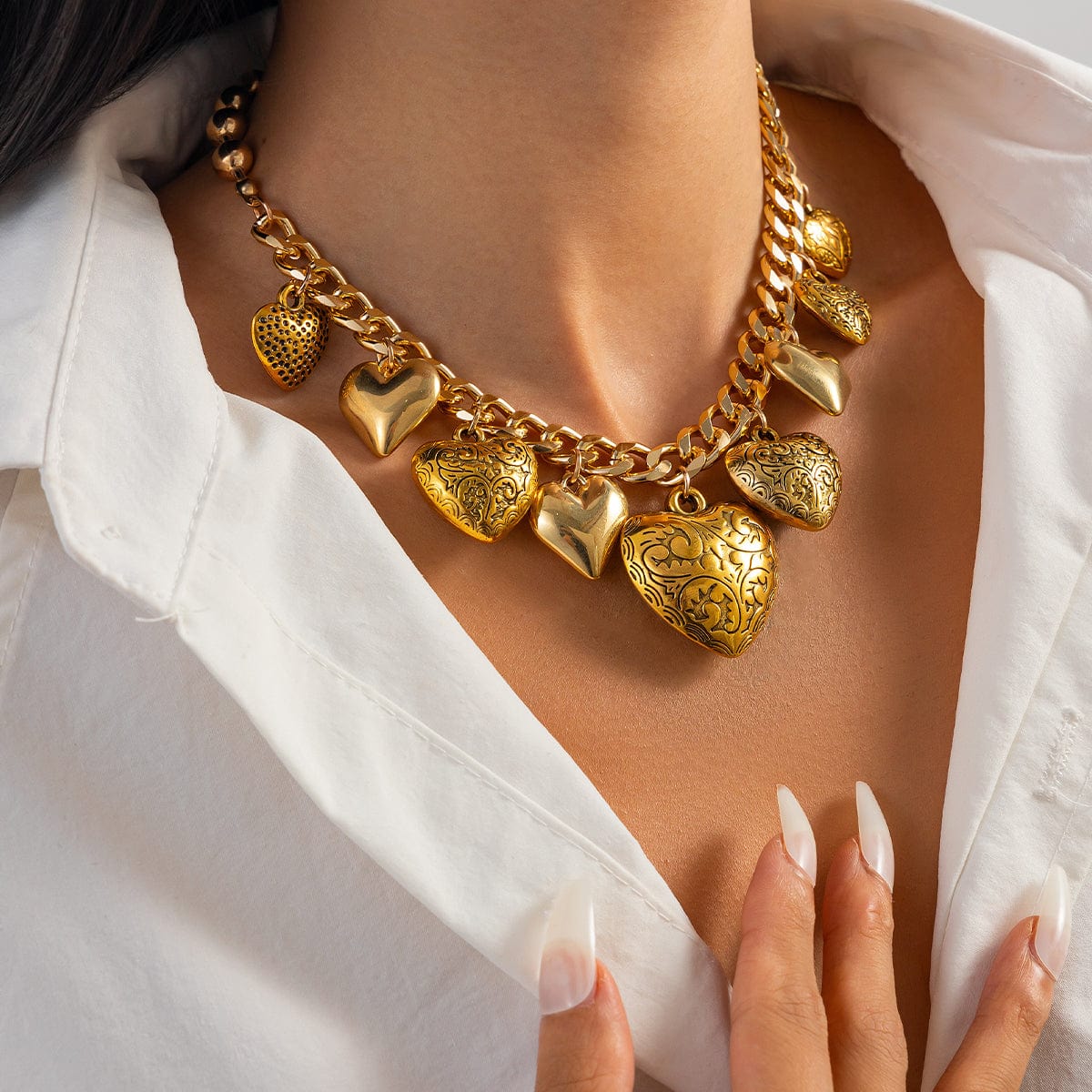 Stylish Chunky Textured Heart Tassel Ball Curb Chain Necklace - ArtGalleryZen