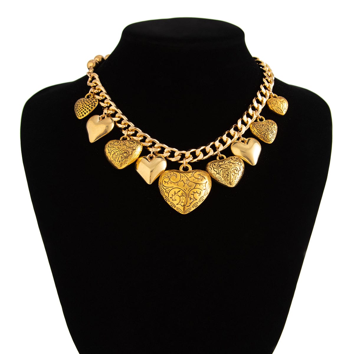 Stylish Chunky Textured Heart Tassel Ball Curb Chain Necklace - ArtGalleryZen