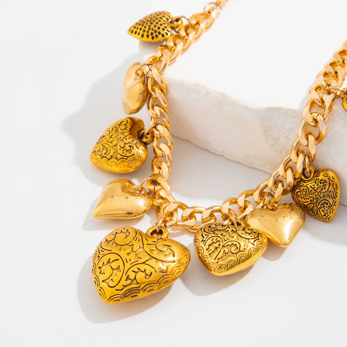 Stylish Chunky Textured Heart Tassel Ball Curb Chain Necklace - ArtGalleryZen