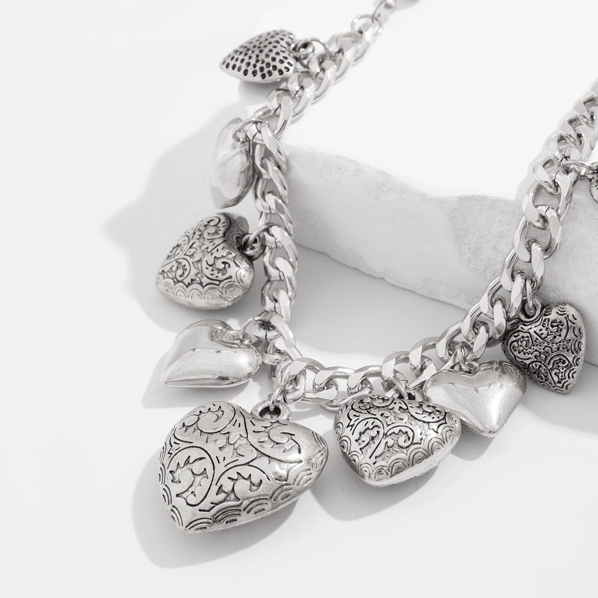 Stylish Chunky Textured Heart Tassel Ball Curb Chain Necklace - ArtGalleryZen