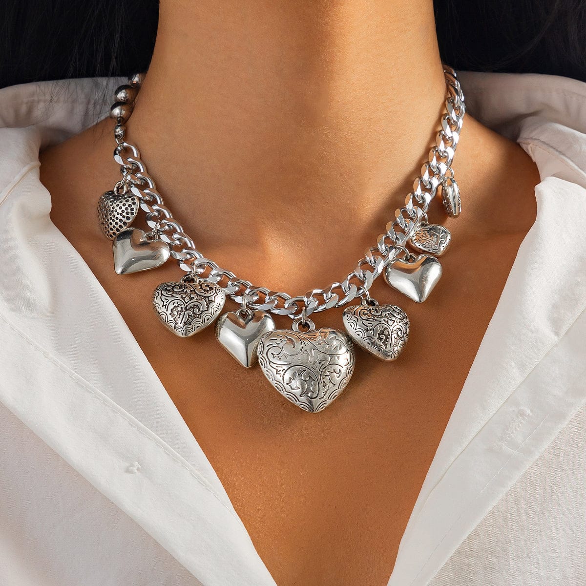 Stylish Chunky Textured Heart Tassel Ball Curb Chain Necklace