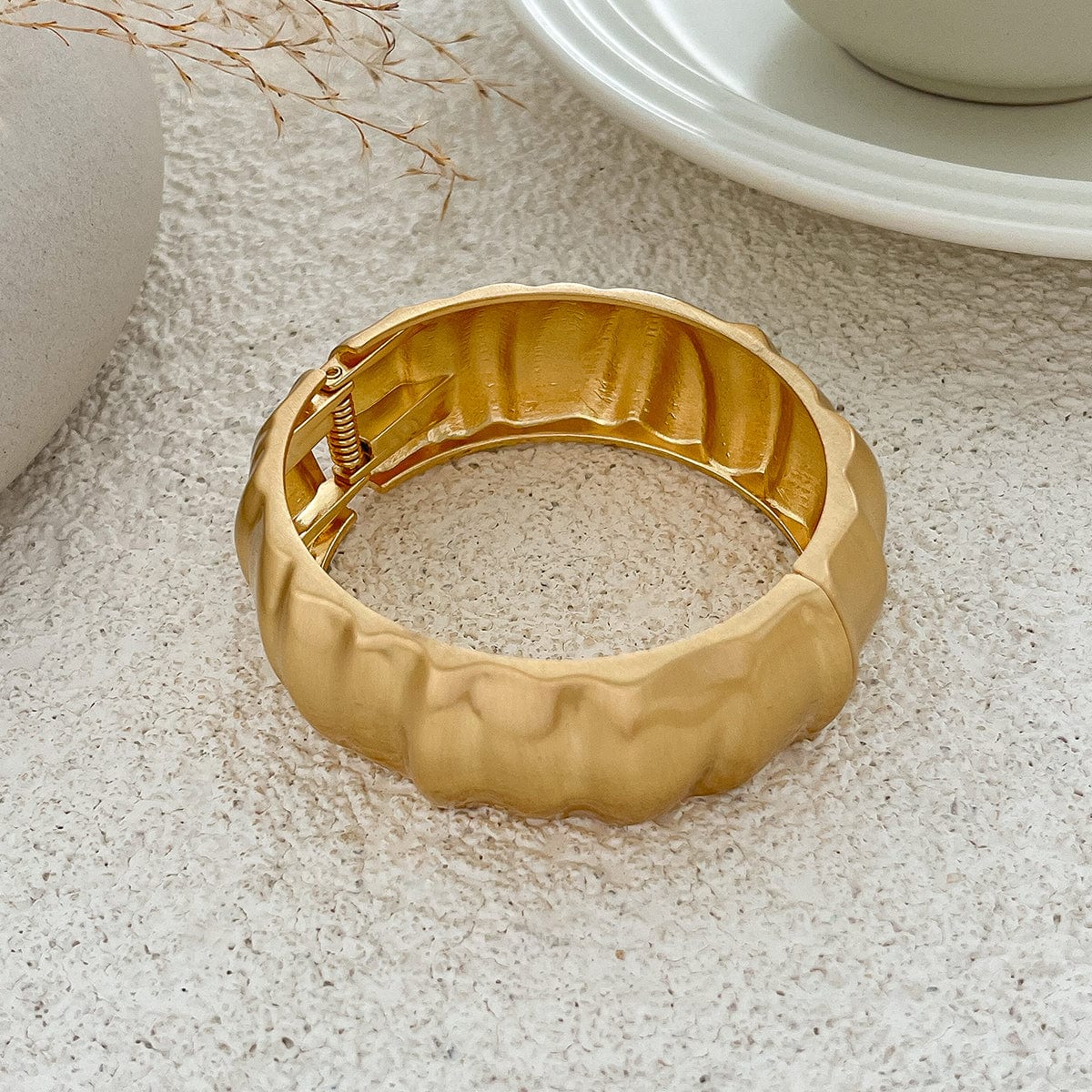 Stylish Frosted Gold Silver Tone Pleated Wide Cuff Bangle Bracelet