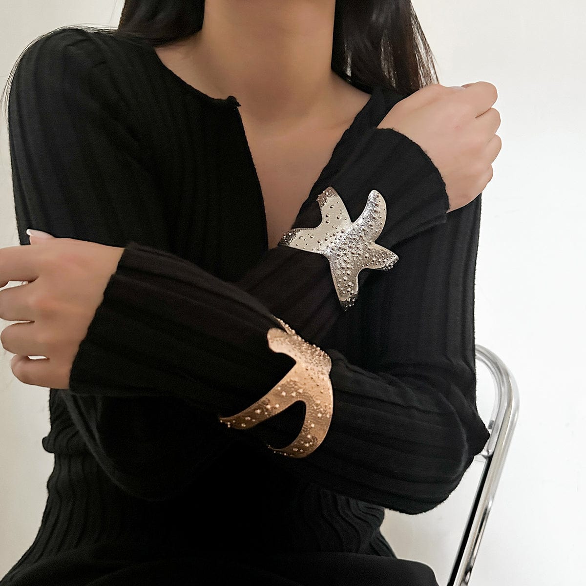 Stylish Gold Silver Plated Starfish Open Bangle Bracelet