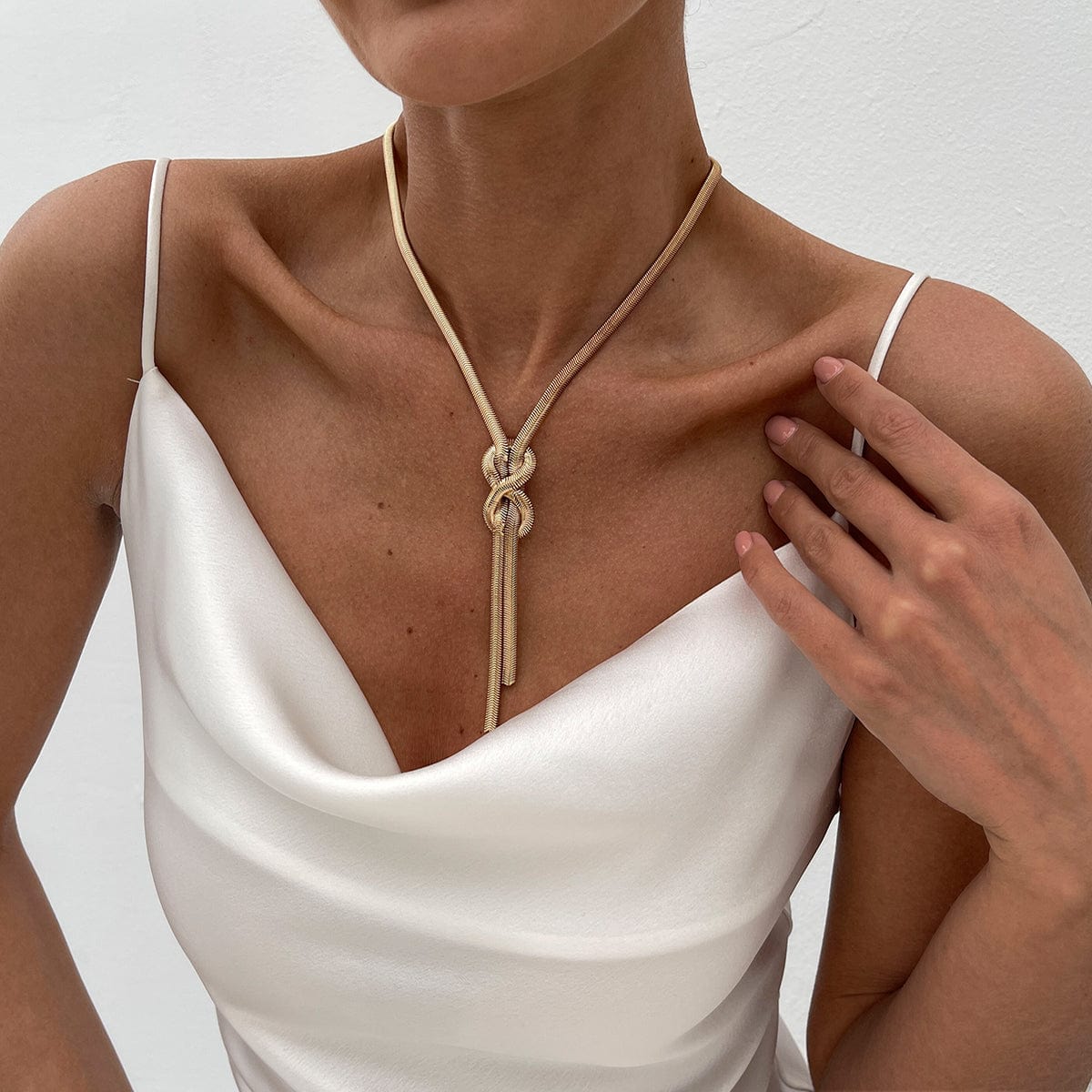 Stylish Gold Silver Tone Knotted Snake Chain Y Necklace - ArtGalleryZen