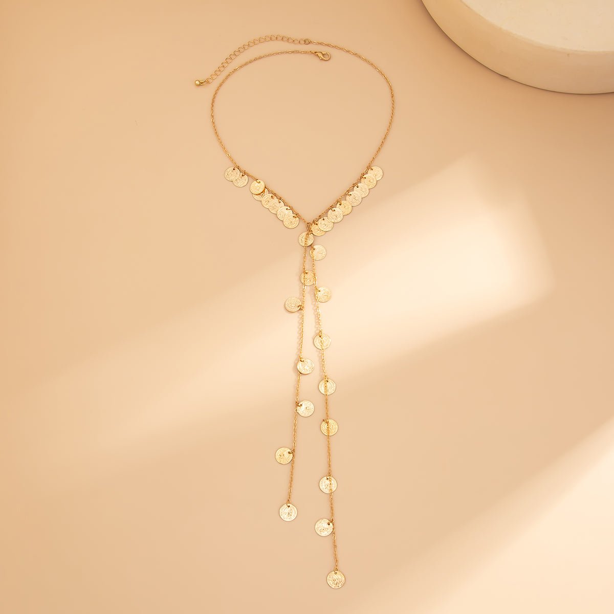 Stylish Gold Silver Tone Pattern Round Disk Tassel Long Chain Necklace - ArtGalleryZen