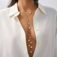 Thumbnail for Stylish Gold Silver Tone Pattern Round Disk Tassel Long Chain Necklace - ArtGalleryZen