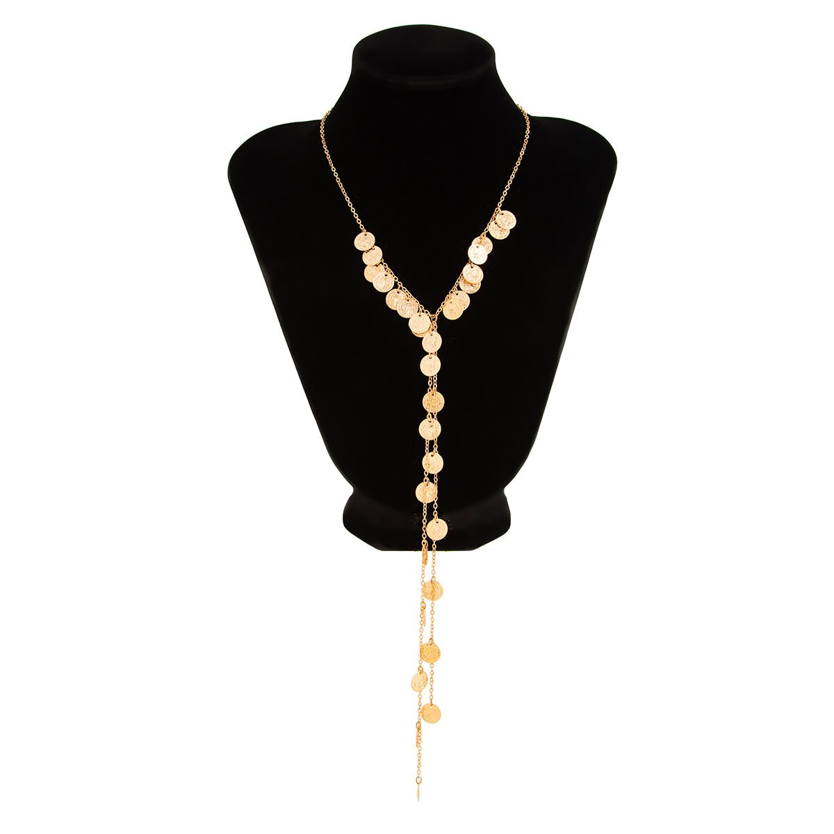 Stylish Gold Silver Tone Pattern Round Disk Tassel Long Chain Necklace - ArtGalleryZen
