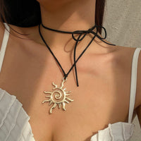 Thumbnail for Stylish Gold Silver Tone Sun Pendant Velvet Necklace