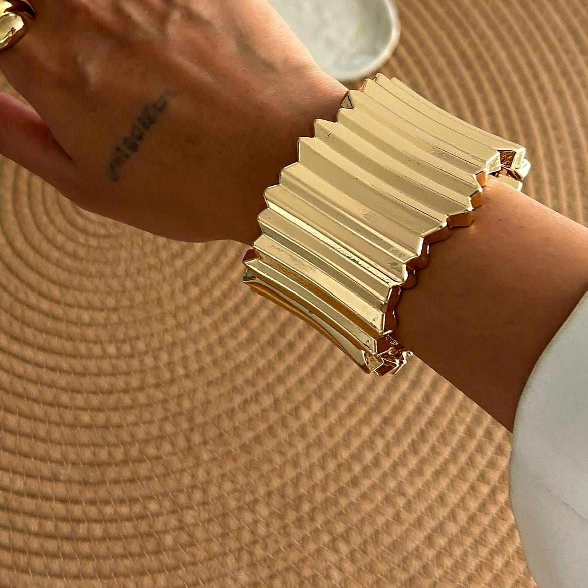 Stylish Gold Silver Tone Wave Wide Cuff Bangle Bracelet - ArtGalleryZen