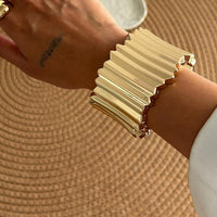 Thumbnail for Stylish Gold Silver Tone Wave Wide Cuff Bangle Bracelet - ArtGalleryZen