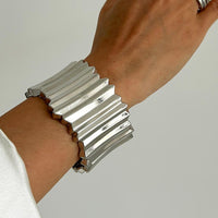 Thumbnail for Stylish Gold Silver Tone Wave Wide Cuff Bangle Bracelet - ArtGalleryZen